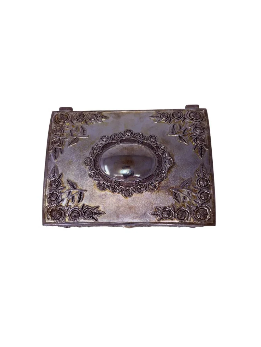 Vintage Godinger Silver‎ Plate Jewelry Box with Roses and Red Velvet Interior